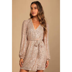 Lulus Sparkly Darling Rose Gold Sequin Long Sleeve Wrap Dress Pink - Size L